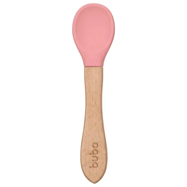 Colher Infantil de Silicone Rosa com Cabo de Bambu Buba