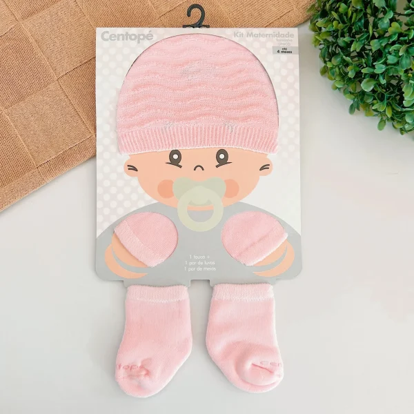 Kit Maternidade - Touca, Luva e Meia - Rosa