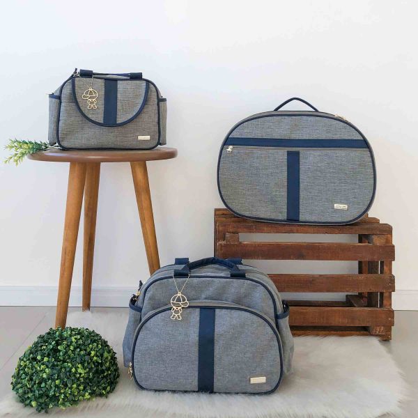Kit Bolsa Luxo - 3 Peças Cinza e Azul Marinho
