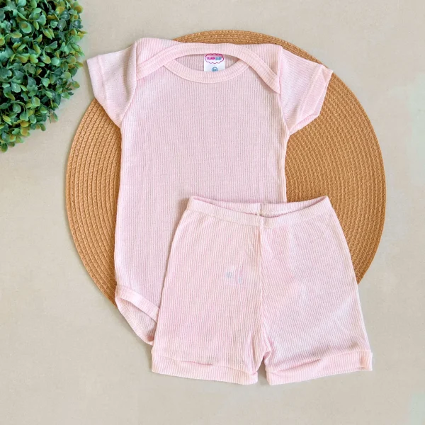 Conjunto Body Canelado Curto - Rosa Bebê