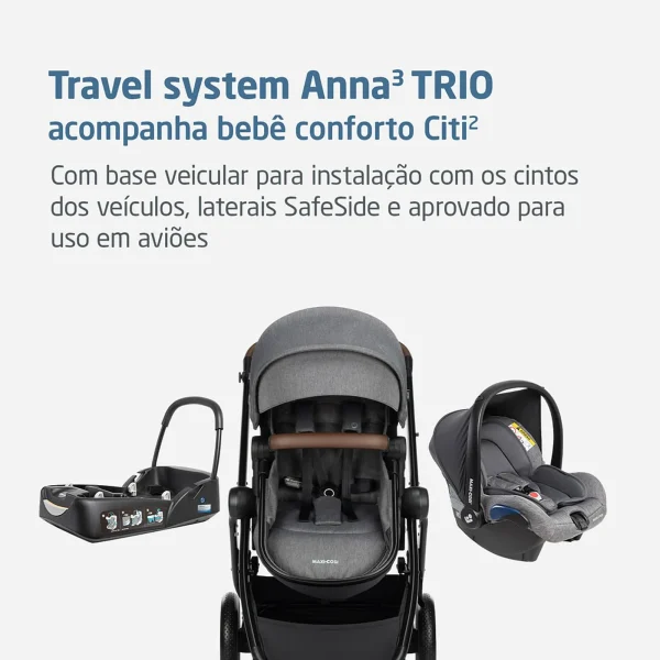 Kit Carrinho de Bebê Anna + Bebê Conforto + Base - Maxi-Cosi Cinza - Image 2