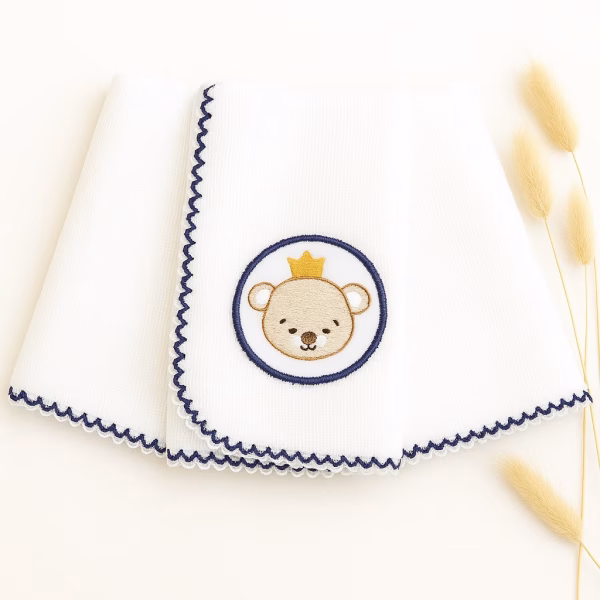 Kit Fralda de Boca Premium Bordada - Urso Coroa Marinho
