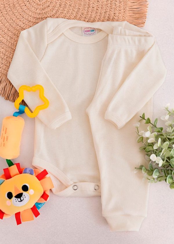 Conjunto Body Bebê Pagão Canelado Longo - Creme
