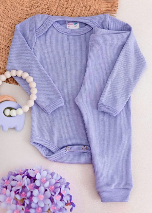 Conjunto Body Bebê Pagão Canelado Longo - Lilás
