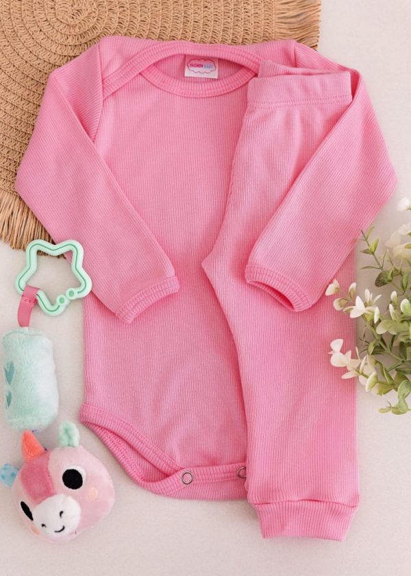 Conjunto Body Bebê Pagão Canelado Longo - Rosa