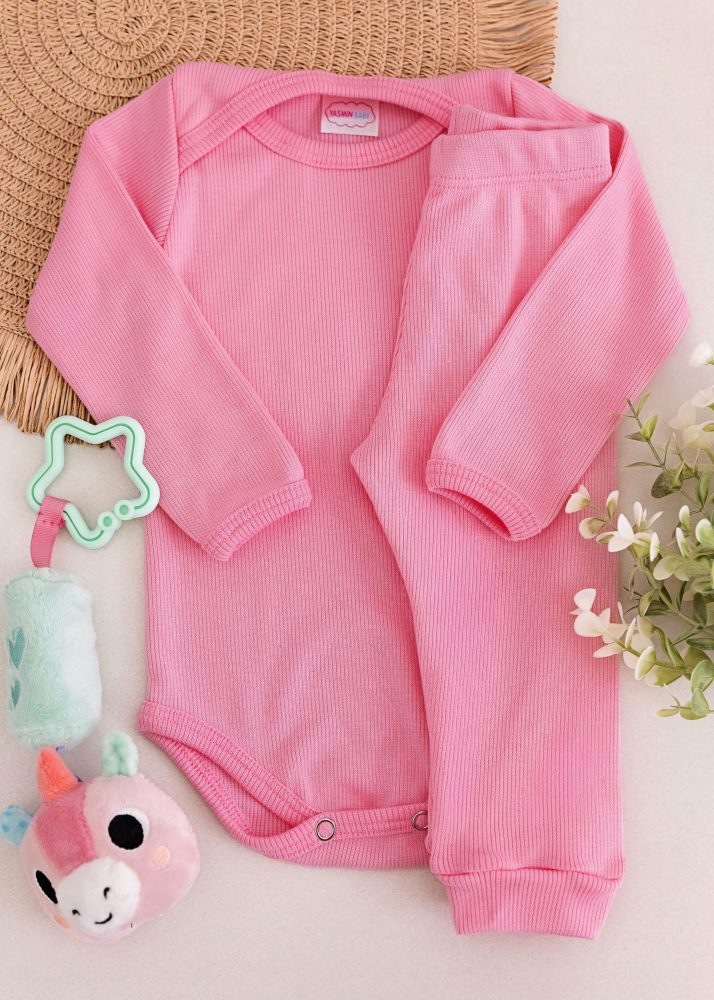 Conjunto Body Bebê Pagão Canelado Longo - Rosa
