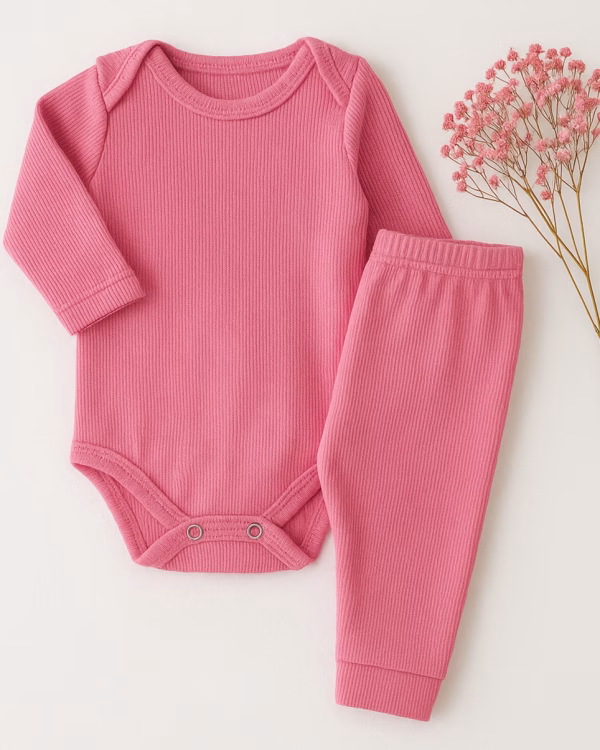 Conjunto Body Bebê Pagão Canelado Longo - New Rosa