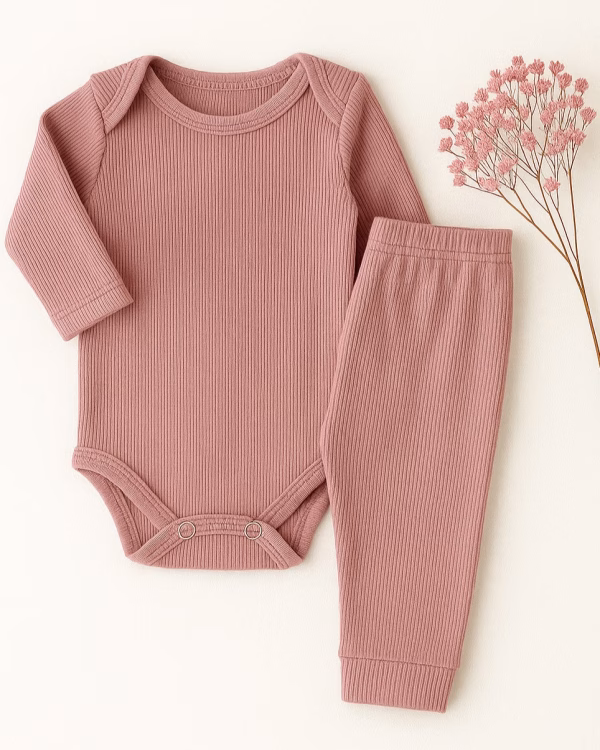 Conjunto Body Bebê Pagão Canelado Longo - Rose