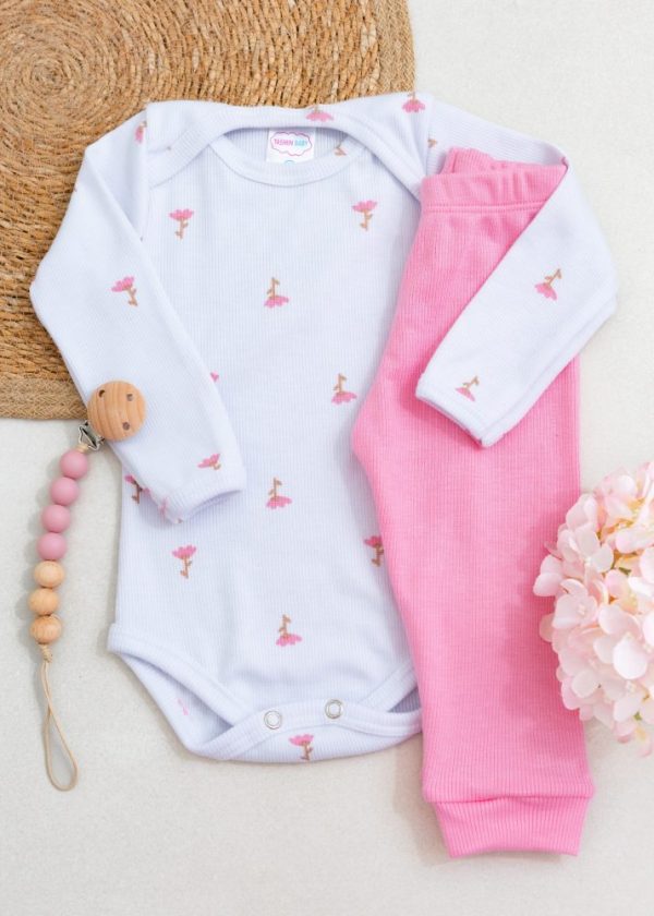 Conjunto Body Bebê Pagão Canelado Longo - Tulipas