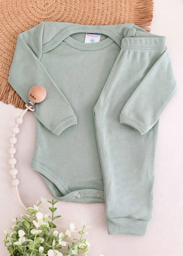 Conjunto Body Bebê Pagão Canelado Longo - Verde