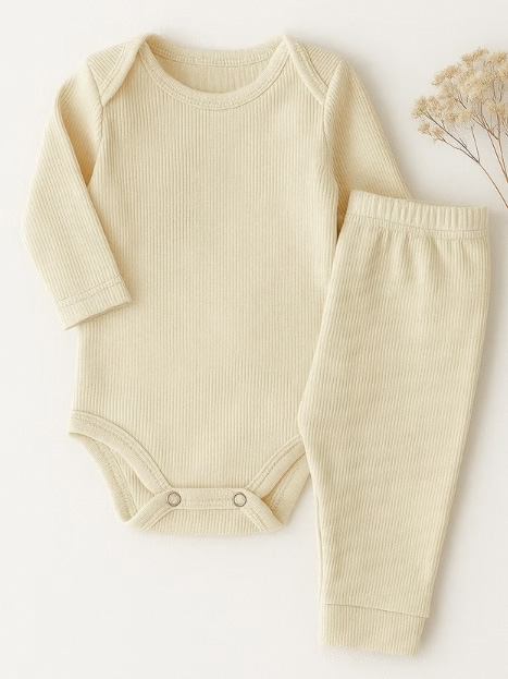 Conjunto Body Bebê Pagão Canelado Longo - Creme