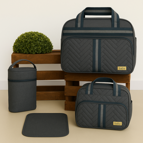 Kit Bolsa Maternidade Bebê 4 Peças - Cinza em Linho Menino