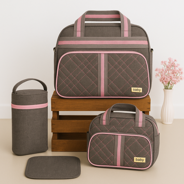 Kit Bolsa Maternidade Bebê 4 Peças - Cinza em Linho Menina