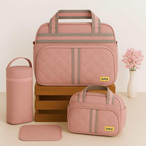 Kit Bolsa Maternidade Bebê 4 Peças - Rosa em Linho