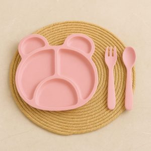 Prato Infantil Com Divisória e Talheres Bamboo - Rosa