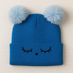 Touca Tricô de Bebê com Pompons Azul +6m