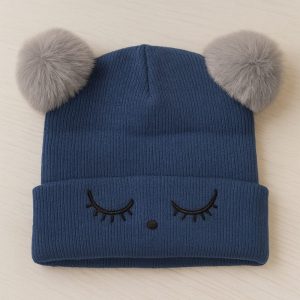 Touca Tricô de Bebê com Pompons Marinho +6m