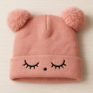 Touca Tricô de Bebê com Pompons Rose +6m
