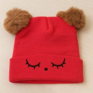 Touca Tricô de Bebê com Pompons Goiaba +6m