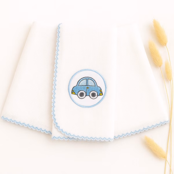 Kit Fralda de Boca Premium Bordada - Carrinho Azul
