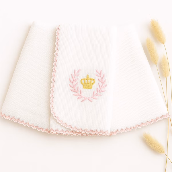 Kit Fralda de Boca Premium Bordada - Coroa Rosa