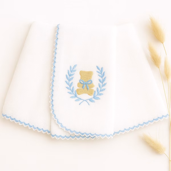 Kit Fralda de Boca Premium Bordada - Urso Rei Azul Claro