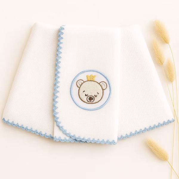 Kit Fralda de Boca Premium Bordada - Urso Coroa Azul Claro