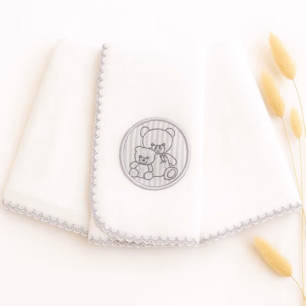 Kit Fralda de Boca Premium Bordada - Ursinhos Cinza
