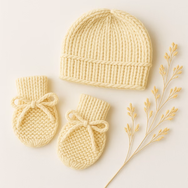 Kit Touca e Luva Tricô Bebê Recém-Nascido – Amarelinho