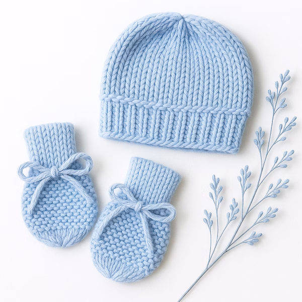 Kit Touca e Luva Tricô Bebê Recém-Nascido – Azul