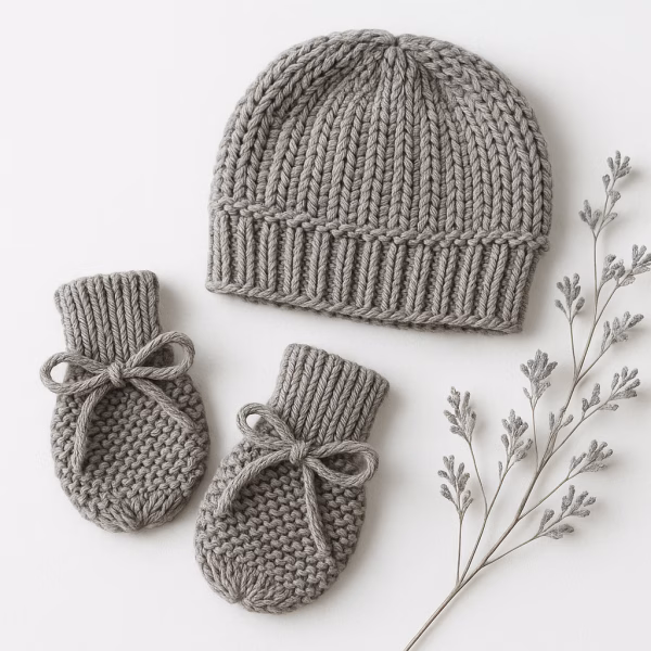 Kit Touca e Luva Tricô Bebê Recém-Nascido – Cinza