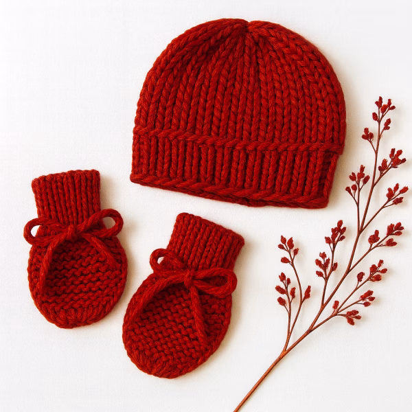 Kit Touca e Luva Tricô Bebê Recém-Nascido – Vermelho