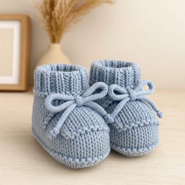 Sapatinho de Tricô Para Recém-Nascido - Azul com Cordão