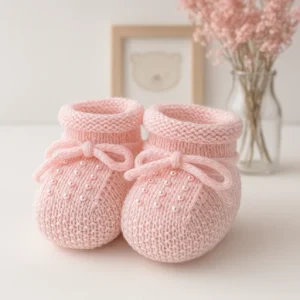 Sapatinho de Tricô para Bebê Recém-Nascido – Rosa com Pérolas