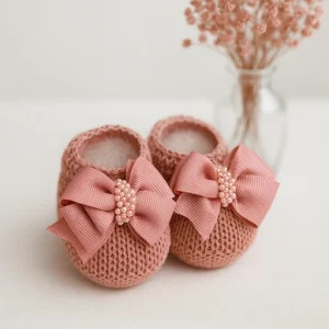 Sapatinho de Tricô Para Bebê Recém Nascido - Rosé com Laço e Pérolas