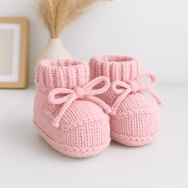 Sapatinho de Tricô Para Recém-Nascido - Rosa com Cordão