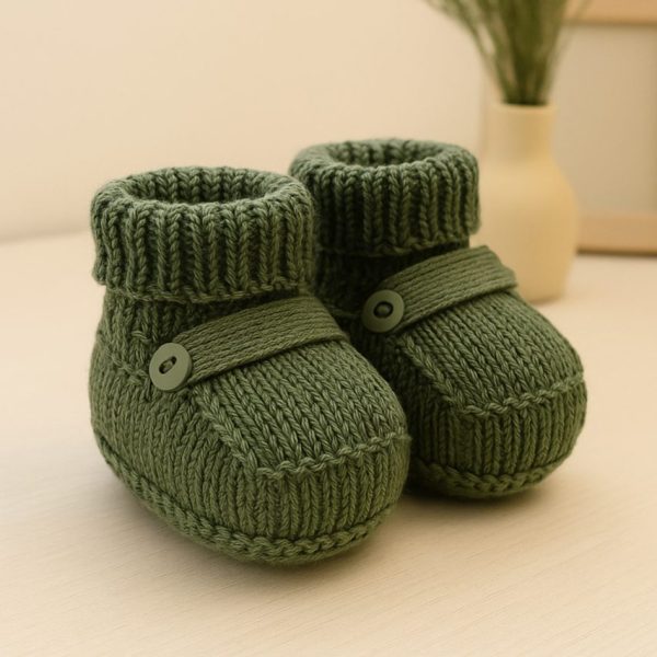 Sapatinho de Tricô Para Recém-Nascido - Verde com botão