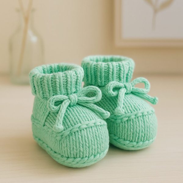 Sapatinho de Tricô Para Recém-Nascido - Verde com Cordão