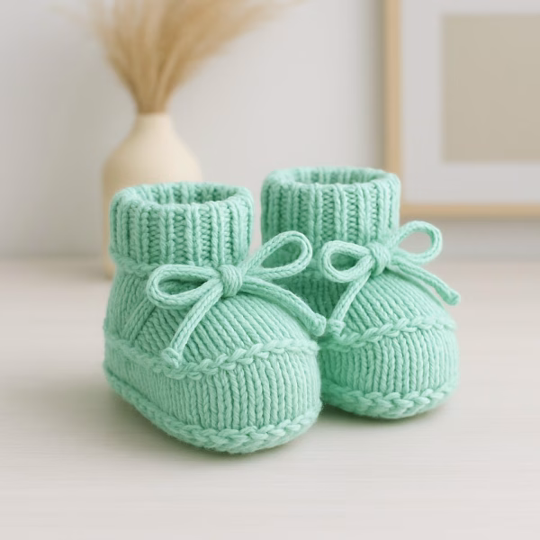 Sapatinho de Tricô Para Recém-Nascido - Verde com Cordão