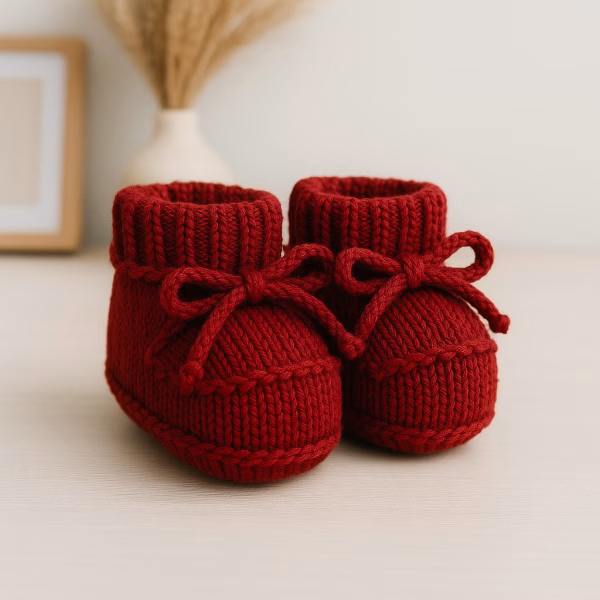 Sapatinho de Tricô Para Recém-Nascido - Vermelho com Cordão