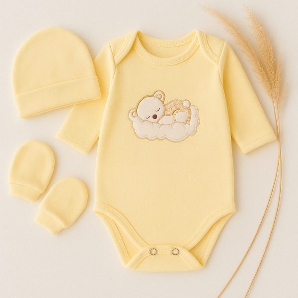 Kit Maternidade Body com Touca e Luvas - Ursinho Amarelo
