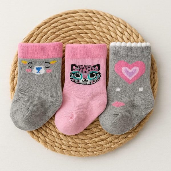 Kit 3 Pares Meia Bebê Recem Nascido - Gatinha Rosa