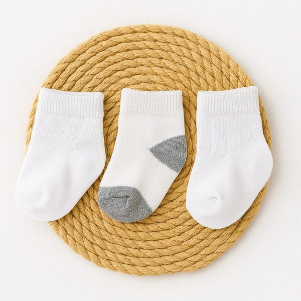 Kit 3 Pares Meias Bebê Recém-Nascido - Branca Com Cinza