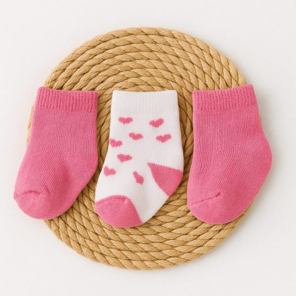 Kit 3 Pares Meias Bebê Recém-Nascido - Coração Pink