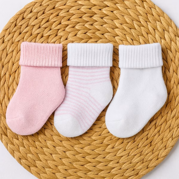 Kit 3 Pares Meia Atoalhada Bebê Recem Nascido - Rosa Listrado