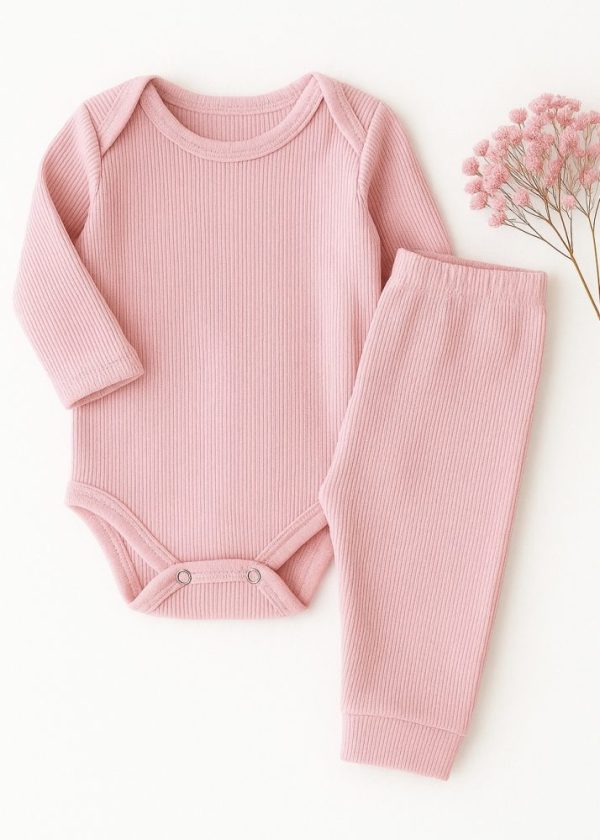 Conjunto Body Bebê Pagão Canelado Longo - Rosa Algodão Doce
