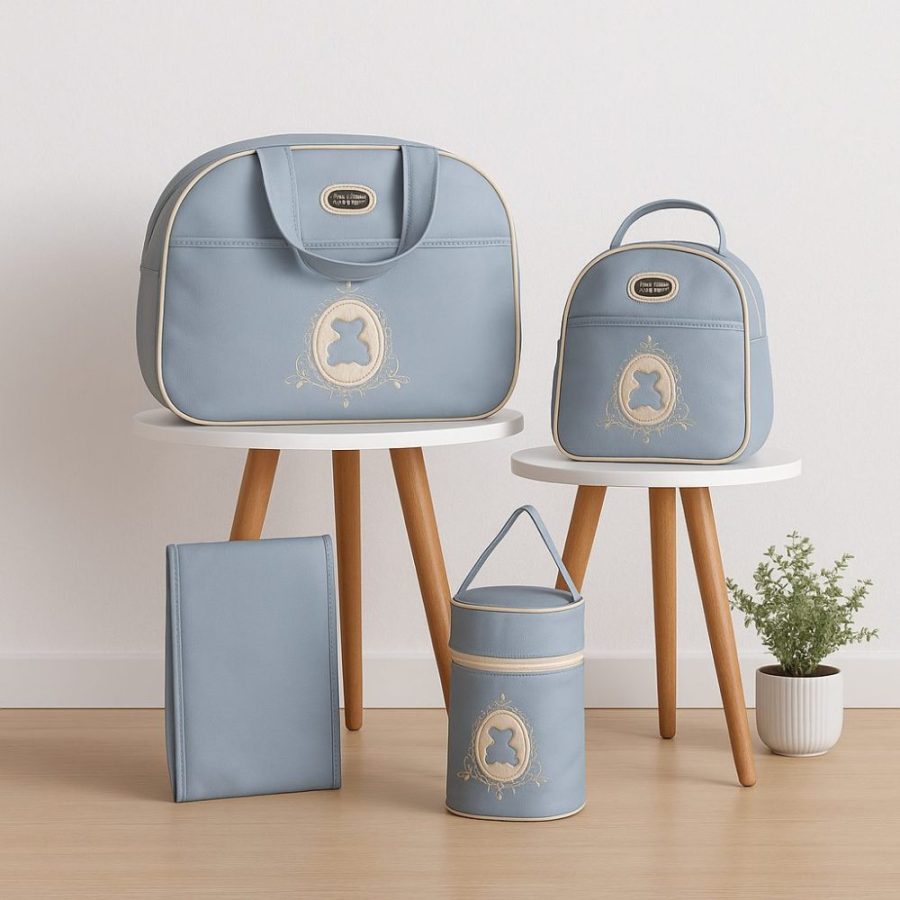 kit bolsa bebê maternidade com bolsa, frasqueira, térmica para mamadeira e trocador portátil azul claro ursinho menino