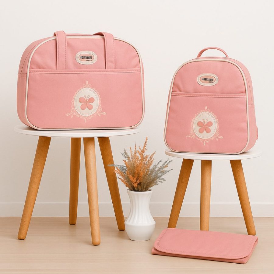kit bolsa maternidade bebê com frasqueira e trocador portátil - rosa
