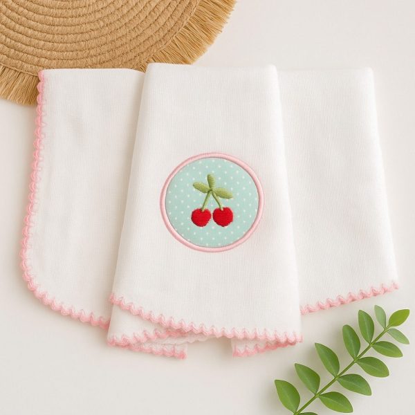 Kit Fralda de Boca Premium Bordada - Cereja