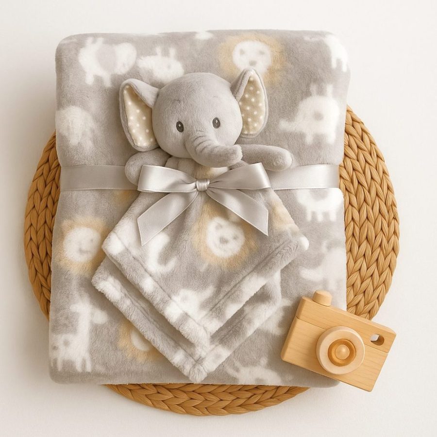 manta microfibra cinza com naninha - elefantinho